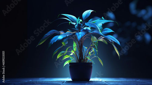 bioluminescent flower in a pot in a dark room
