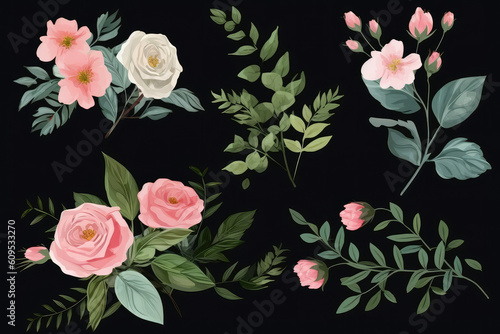 Set of floral branch. Flower pink rose, green leaves. Wedding concept with flowers. Floral poster, invite. Vector arrangements for greeting card or invitation design, generative AI