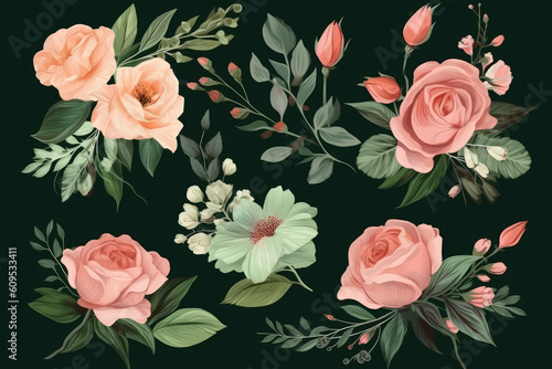 Set of floral branch. Flower pink rose, green leaves. Wedding concept with flowers. Floral poster, invite. Vector arrangements for greeting card or invitation design, generative AI