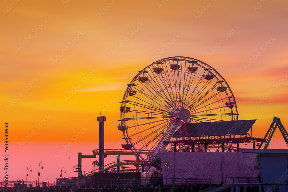 The Santa Monica Pier at twilight, Los Angeles, California, beach of California, Santa Monica.USA