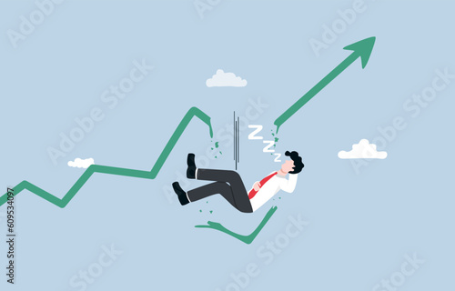Wrong speculation, missing opportunity to make profit from investment, mistake in stock market analysis concept, Reckless businessman falling down from graph while sleeping.