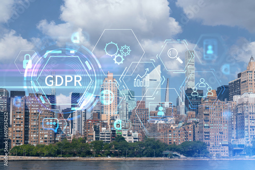 New York City skyline from Roosevelt Island over the East river towards skyscrapers of Midtown Manhattan, day time. GDPR hologram, concept of data protection, regulation, privacy for all individuals