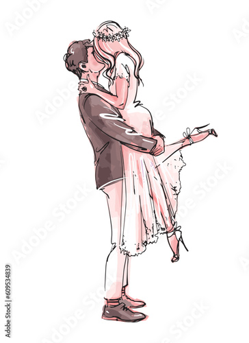 Stylish groom holds on hand, kisses and hugs a beautiful young bride, wedding dance, wedding invitation, couple in love. Trendy fashion sketch illustration isolated on white background.
