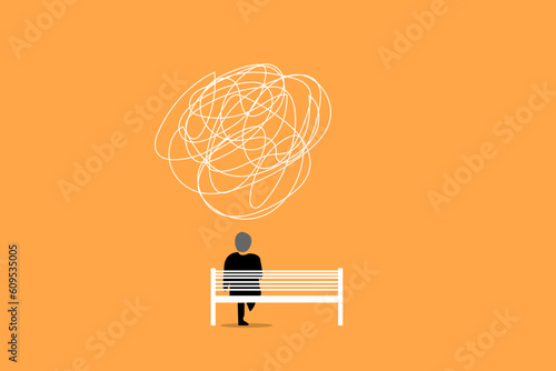 Illustration of businessman sitting under tangled lines representing confusion and anxiety
