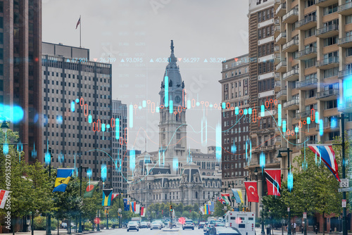Summer day time cityscape of Philadelphia financial downtown  Pennsylvania  USA. City Hall. Glowing forex candlesticks and bar graph hologram. The concept of internet trading  brokerage and analysis