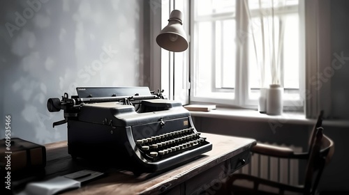 Vintage typewriter on wooden table with White Wall background

