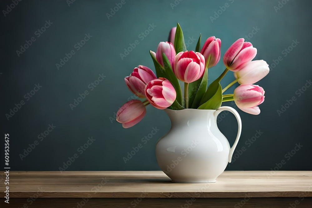 Pink tulips in a vase on a wooden table. Pastel background. Copy space on pastel background.