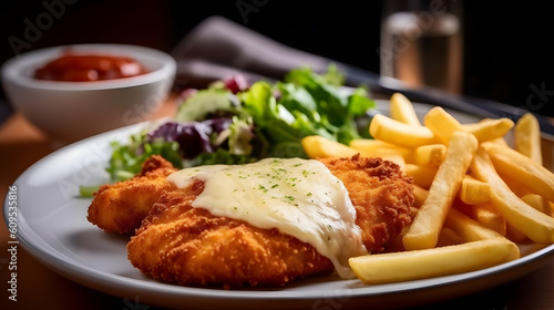 chicken schnitzel Parmigiana with melted cheese served with chips and salad on a white plate