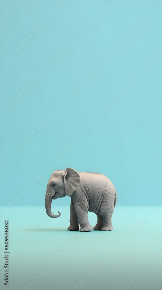Tiny elephant on turquoise background, minimalist photography style, vertical format 9:16. Generative AI