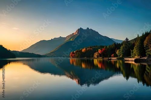 Sunset in the forest and lake in the mountain in autumn, Hungary lake, blue sky, mountain, Turul