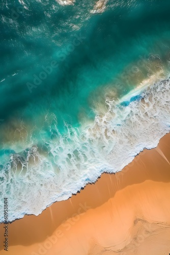 Waves on the beach, top view, vertical format 9:16. Generative AI