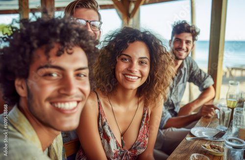 A carefree woman in her 20s smiles at the camera, surrounded by friends, enjoying a vibrant beachside restaurant gathering. Generative AI.