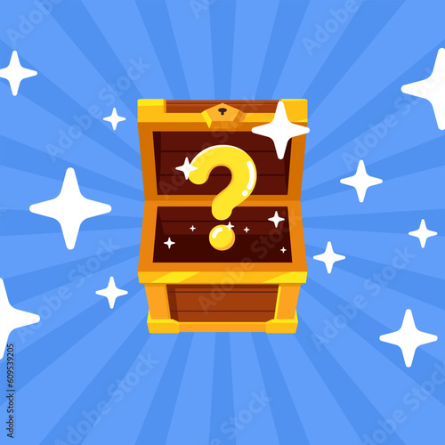 Open mystery wooden chest. Treasure on blue background. Random a secret loot box concept. Vector illustration cartoon flat design.