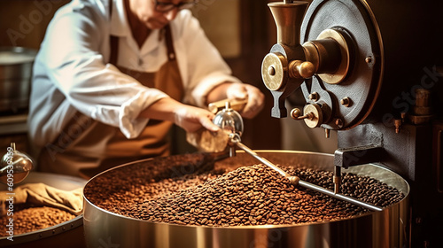 Fotografija Coffee roaster is checking freshly roasted coffee beans Generative AI