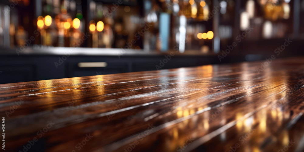 A dark wooden counter with a bar in the style of bokeh blur panoram.