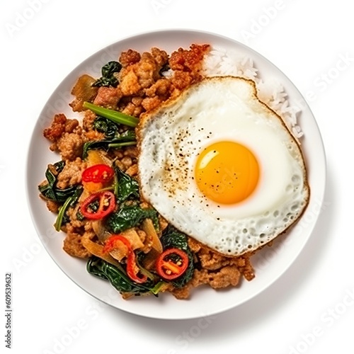 Thai food - pad ka prao kai dao (stir fried basil and pork with fried egg on rice), isolated on white background, generative AI