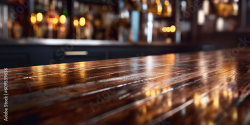 A dark wooden counter with a bar in the style of bokeh blur panoram.