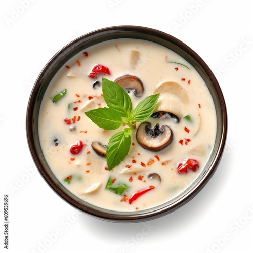 Thai food - tom kha kai (Thai coconut soup), isolated on white background, generative AI