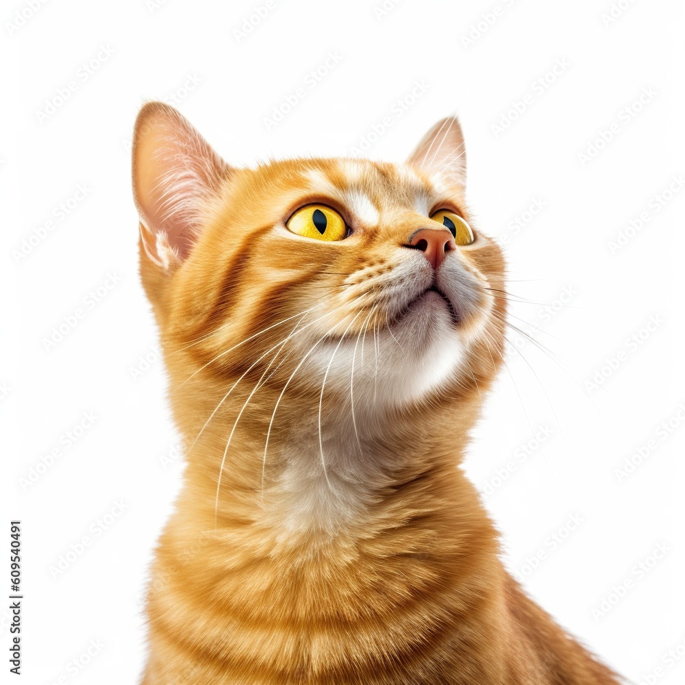 side view of cat looking up, isolated on white background, generative AI