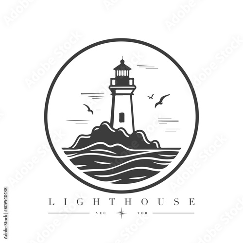 Lighthouse in the ocean on the small rocky island vector logo emblem. Lighthouse tower mascot