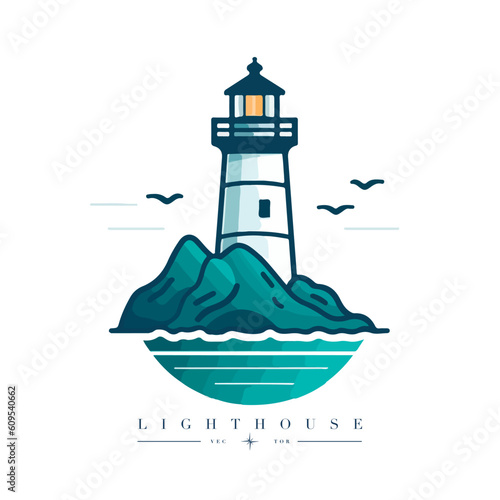 Lighthouse in the ocean on the small rocky island vector logo emblem. Lighthouse tower mascot