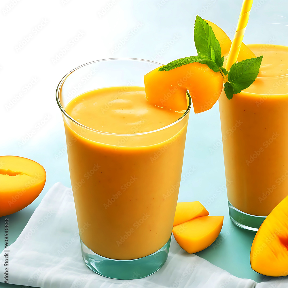 refreshing delicious and healthy mango smoothie with ice cubes, mint leaves, AI-generated tool refreshing delicious and healthy mango smoothie with ice cubes, mint leaves, AI-generated tool