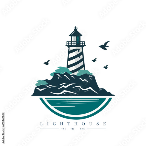 Lighthouse in the ocean on the small rocky island vector logo emblem. Lighthouse tower mascot