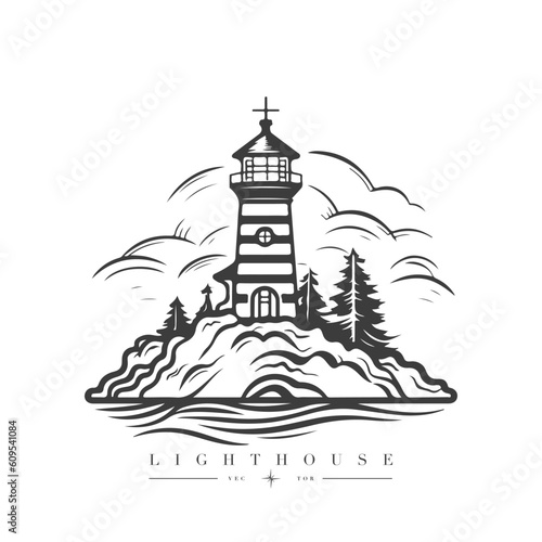 Lighthouse in the ocean on the small rocky island vector logo emblem. Lighthouse tower mascot