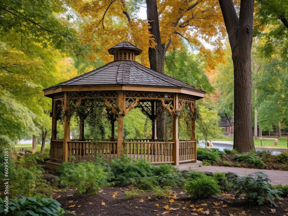 Beautiful round shape gazebo in the park designed by the landscape architect. Western-style architecture made from wood. Beautiful round shape gazebo in the park designed by the landscape architect. Western-style architecture made from wood.