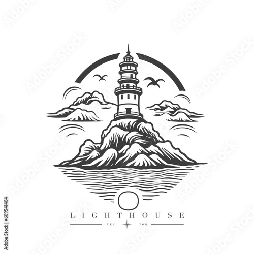 Lighthouse in the ocean on the small rocky island vector logo emblem. Lighthouse tower mascot