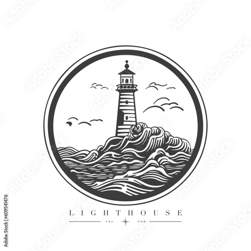 Lighthouse in the ocean on the small rocky island vector logo emblem. Lighthouse tower mascot