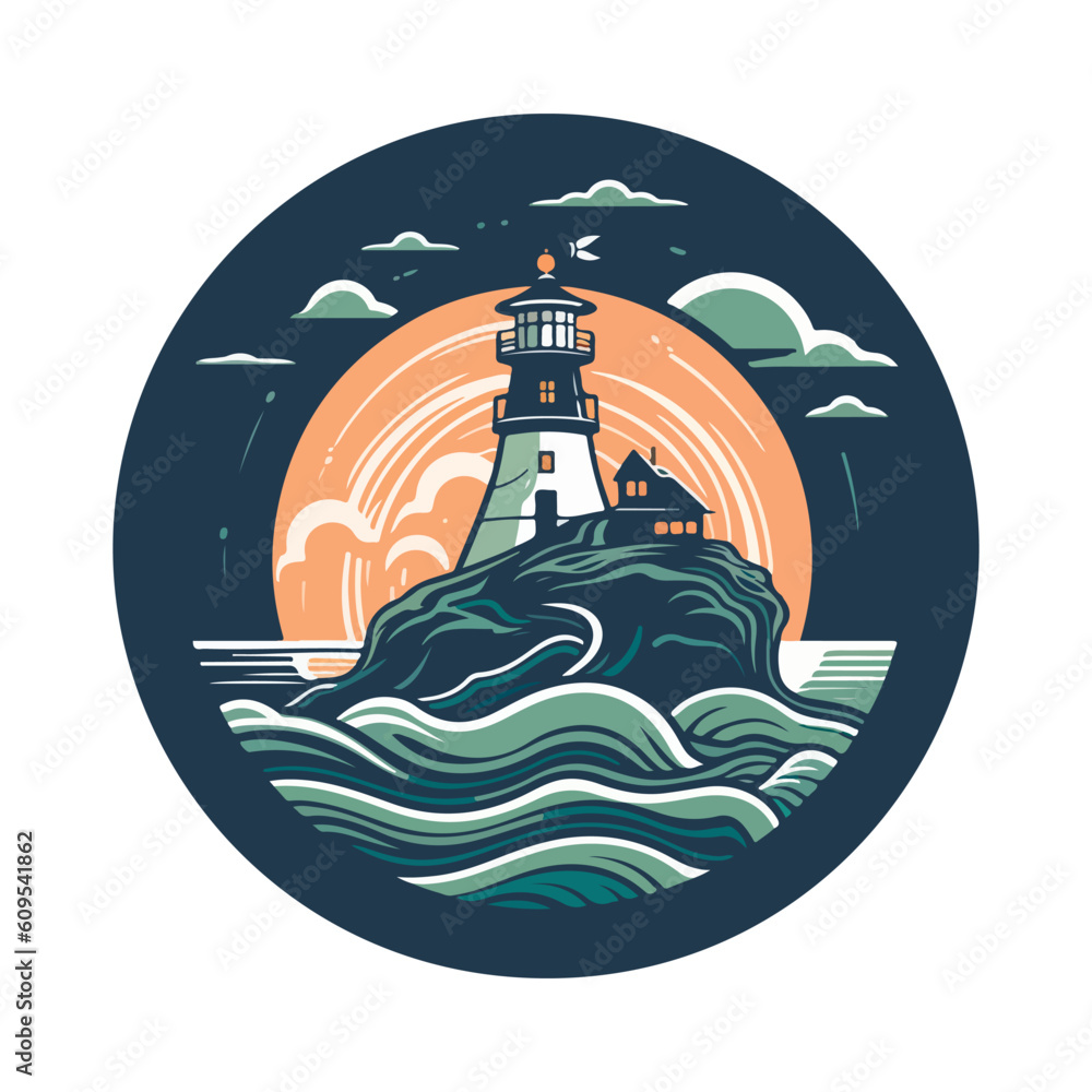 Fototapeta premium Lighthouse in the ocean on the small rocky island vector logo emblem. Lighthouse tower mascot.
