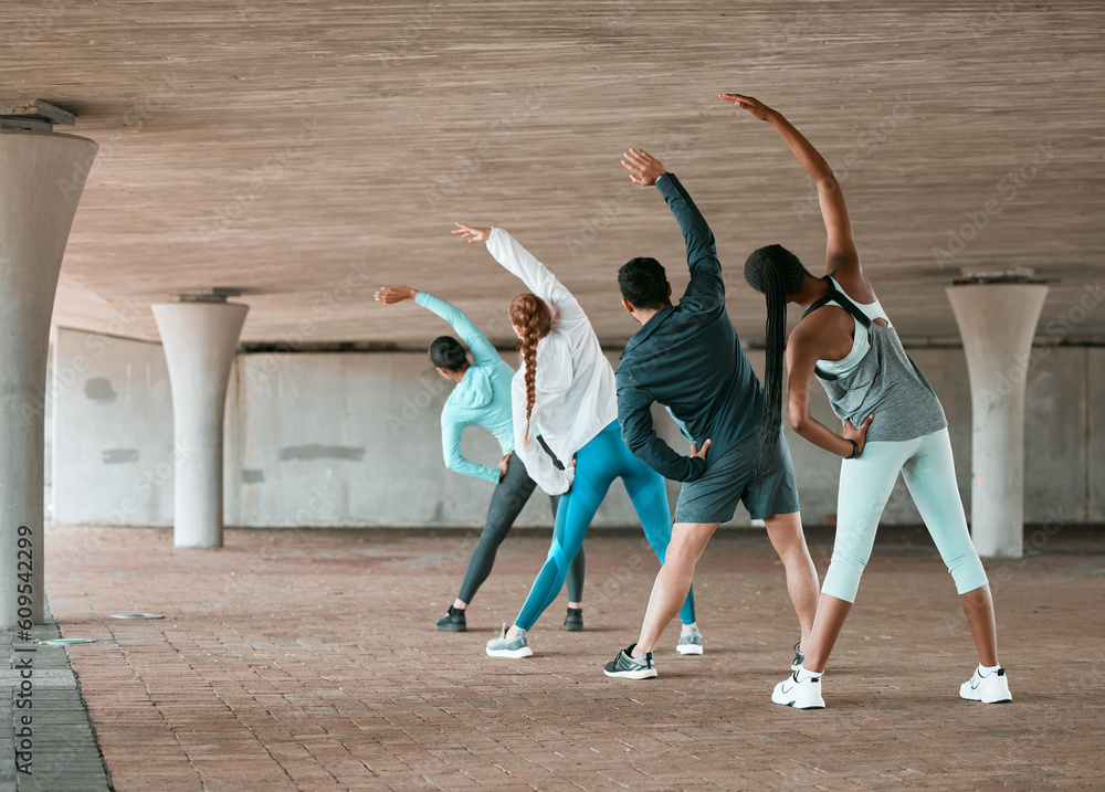 Fototapeta premium Group, workout and team stretching as a fitness club for sports, health and wellness in a class together. Sport, commitment and friends training or people doing pilates exercise or yoga as teamwork