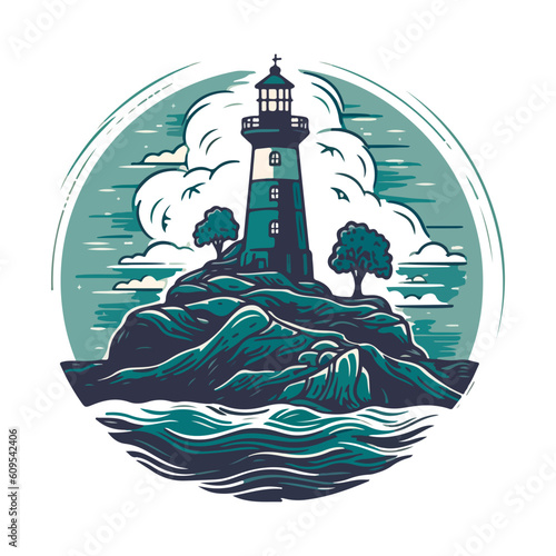 Lighthouse in the ocean on the small rocky island vector logo emblem. Lighthouse tower mascot.