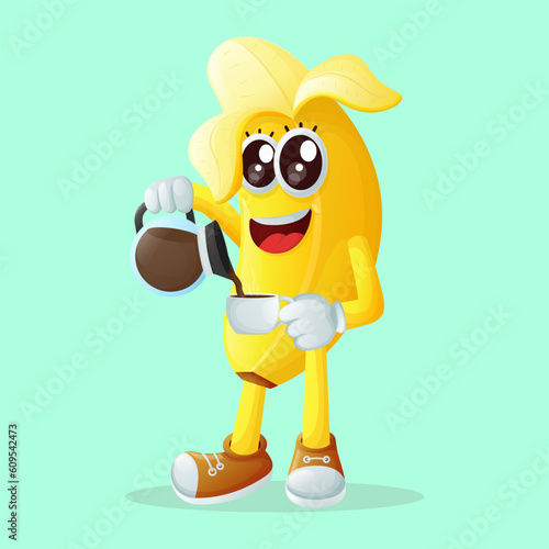 Cute banana character pouring coffee