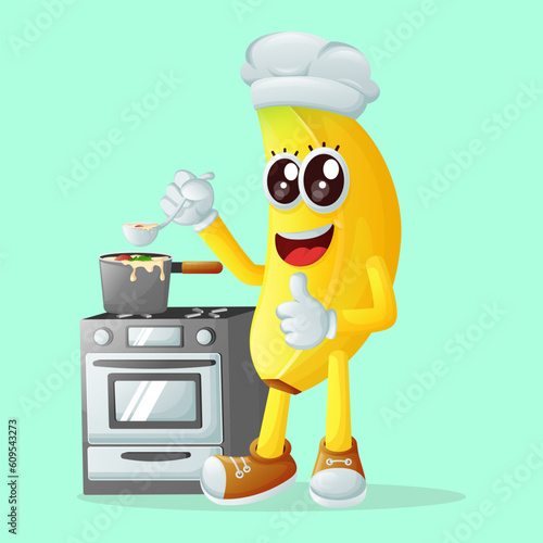 Cute banana character cooking on a stove
