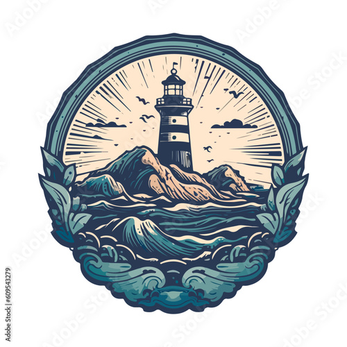 Lighthouse in the ocean on the small rocky island vector logo emblem. Lighthouse tower mascot.