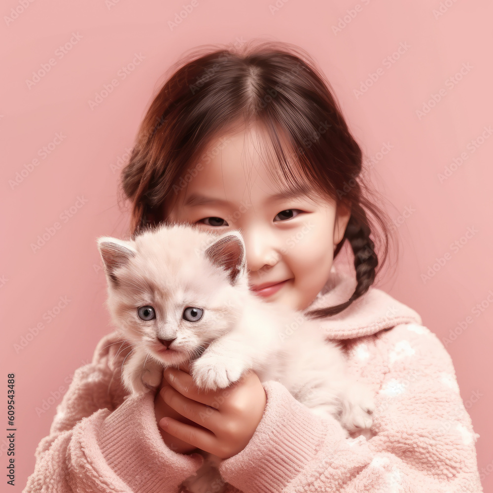 A cute Little girl hugging a kitten ,Generative AI A cute Little girl hugging a kitten ,Generative AI