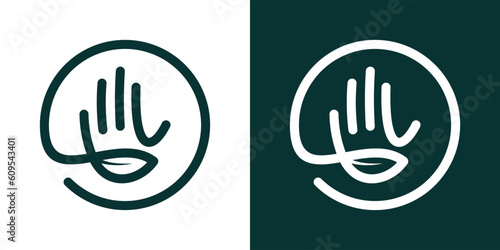 logo design hand and leaf minimalist line icon vector illustration