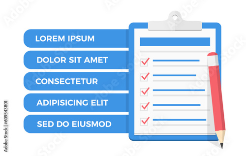 Check list on clipboard with five check boxes, red pencil and place for your text