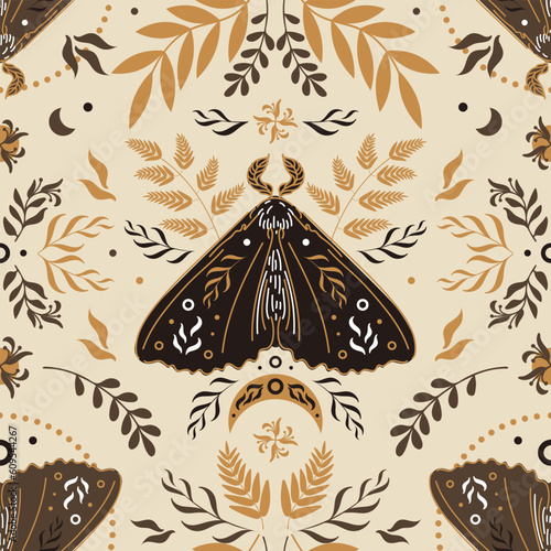 Moth, phases of the moon and stars, wormwood and fern. Seamless pattern in scandinavian folk style. Halloween, magic, witchcraft, astrology, mysticism. For wallpaper, fabric, background.
