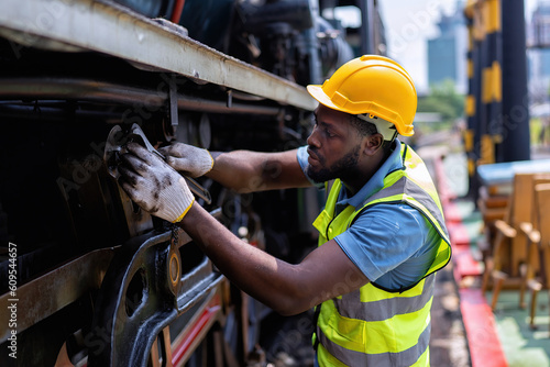 Engineer railway wearing safety gear checking train transmittal system for safety travel passenger