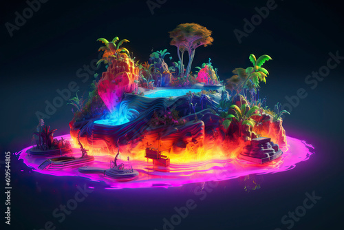 Magic tropical island, neon glowing lights. Generative AI. © YULIYA