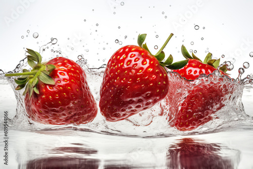 Strawberries and water splashes. Generative AI.