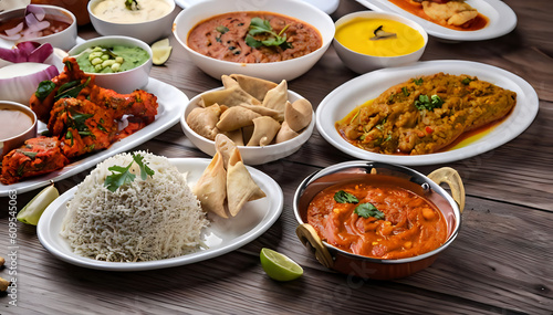 Indian curry meal, Traditional Indian dishes on the wooden table, meat, cuisine, plate, lunch, vegetable, delicious, AI generated