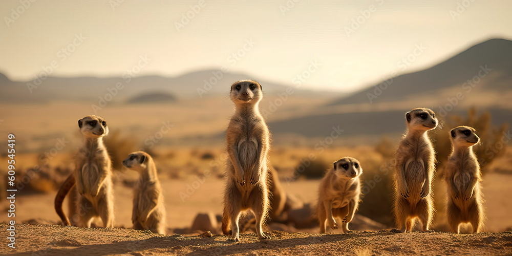 group of meerkats standing on their hind legs, with a desert landscape and distant mountains in the background. Generative AI - obrazy, fototapety, plakaty 