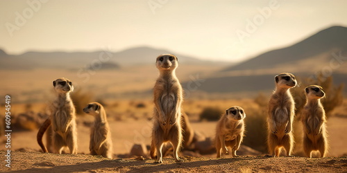 group of meerkats standing on their hind legs, with a desert landscape and distant mountains in the background. Generative AI photo