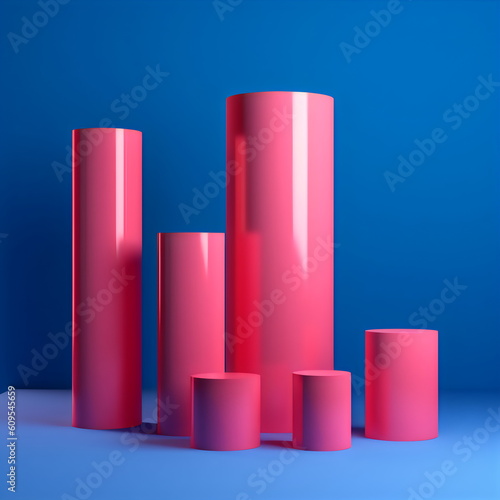 abstract pink cylinders on blue background in city shape, made with generative ai