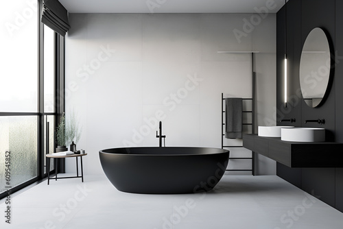 Design a compact minimalist bathroom with a black bath