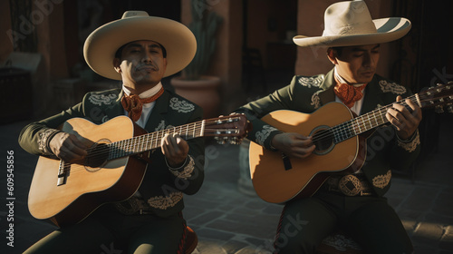 Mexican Independence. Cinco de mayo. Mexican men wearing traditional mariachi clothing playing guitar. Generative AI.